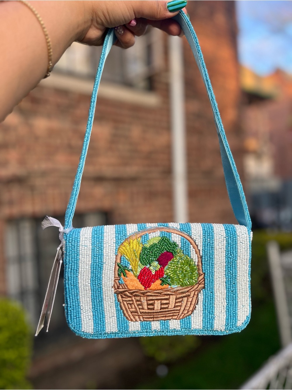 TJMAXX MARSHALLS Picnic Striped Farmers Market Produce Beaded Bag Shoulder Purse - Picture 6 of 10